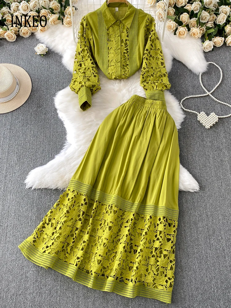 

Party Vintage lace blouse and skirt Women's 2 Piece set 2025 Autumn Beach Patchwork long sleeve shirt suit Solid INKEO 5D145