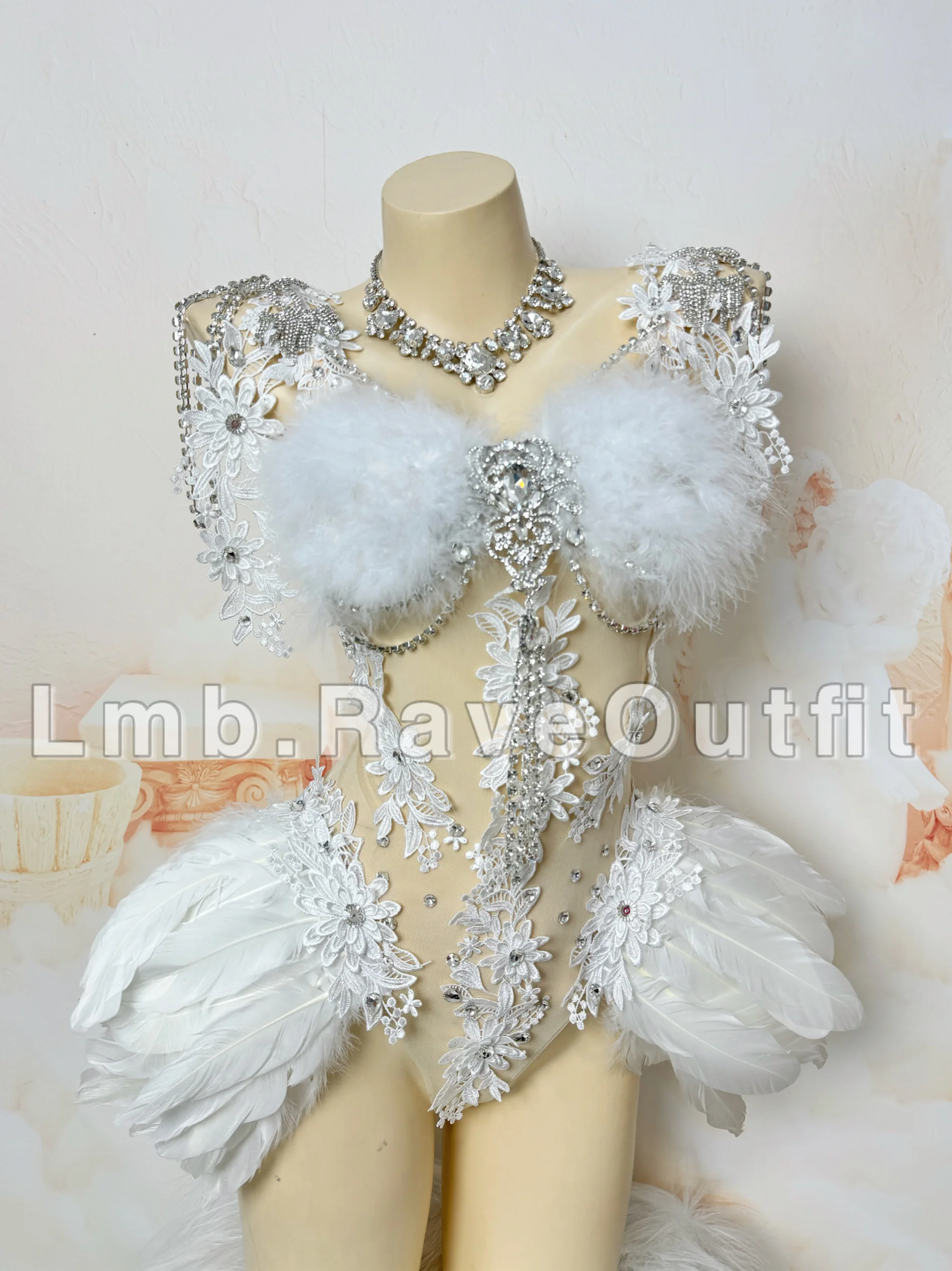 White Feather Rhinestones Bodysuit Sexy Stage Singer Carnival Party Bar Nightclub Dancer Performance Clothing Drag Queen Costume