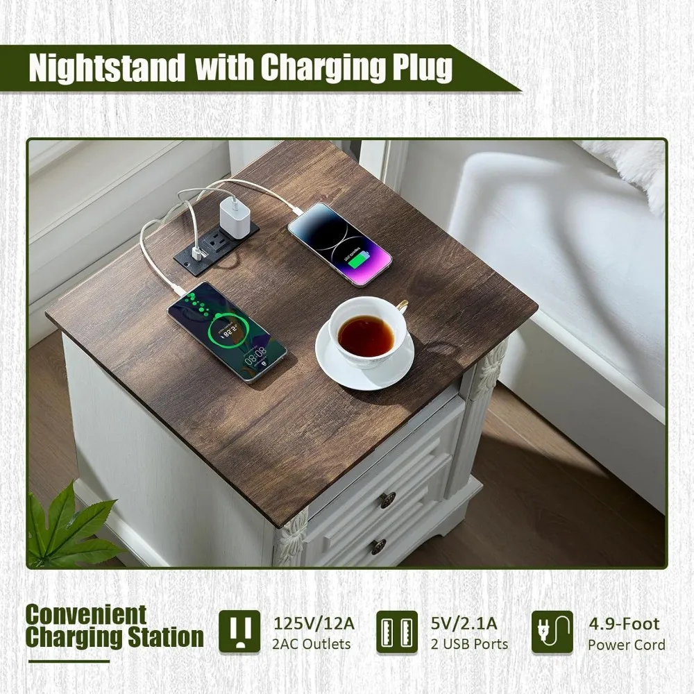 Comodino con stazione di ricarica, tavolino laterale in fattoria, comodino LED intelligente, comodino per camera da letto, soggiorno