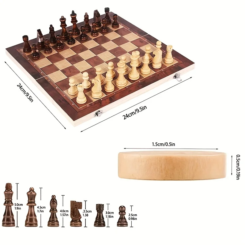 3 in 1 Chess Board, Folding Wooden Portable Chess Game Board, Wooden Chess Board for Adults(Chess + Checkers and Backgammon)