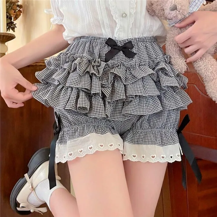 Sweet Gray Plaid Print Ruched Cake Skirts 2024 Summer New A-line Skirt for Women Y2k Grunge High Waist Bow Faldas Mujer