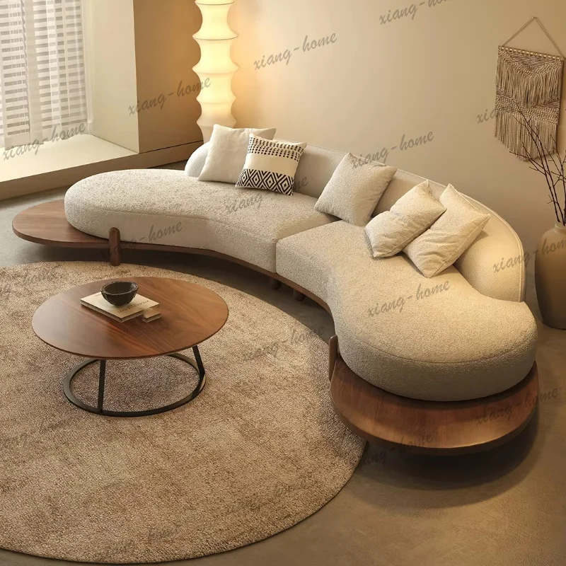 Green Boucle Sofa Mid Century Modern Curved Arm Couch With Round Side Tables Solid Wood Base Retro Designer Living Room Furnitur