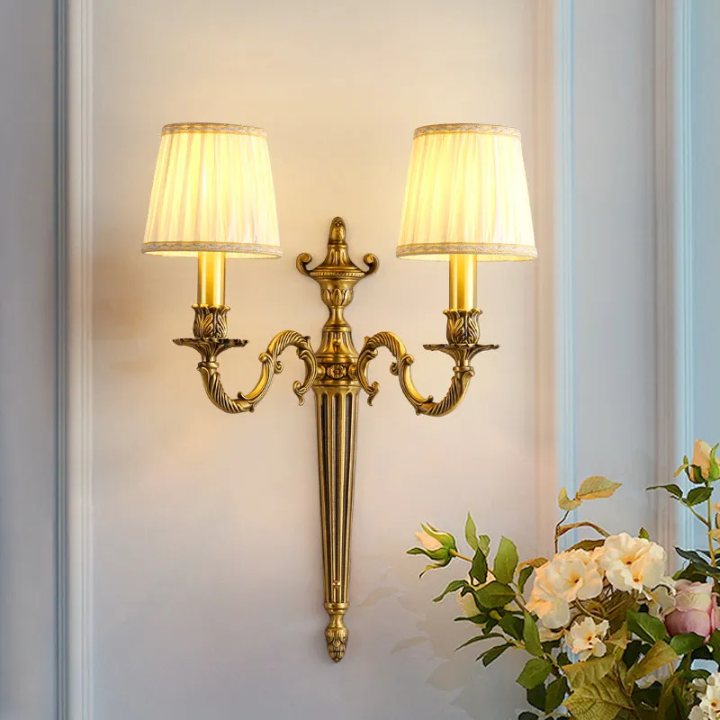 American Retro Copper Wall Lamps Double-headed Fabric Lampshade LED Wall Sconces Villa Hotel Lobby Living Room Luxury Background