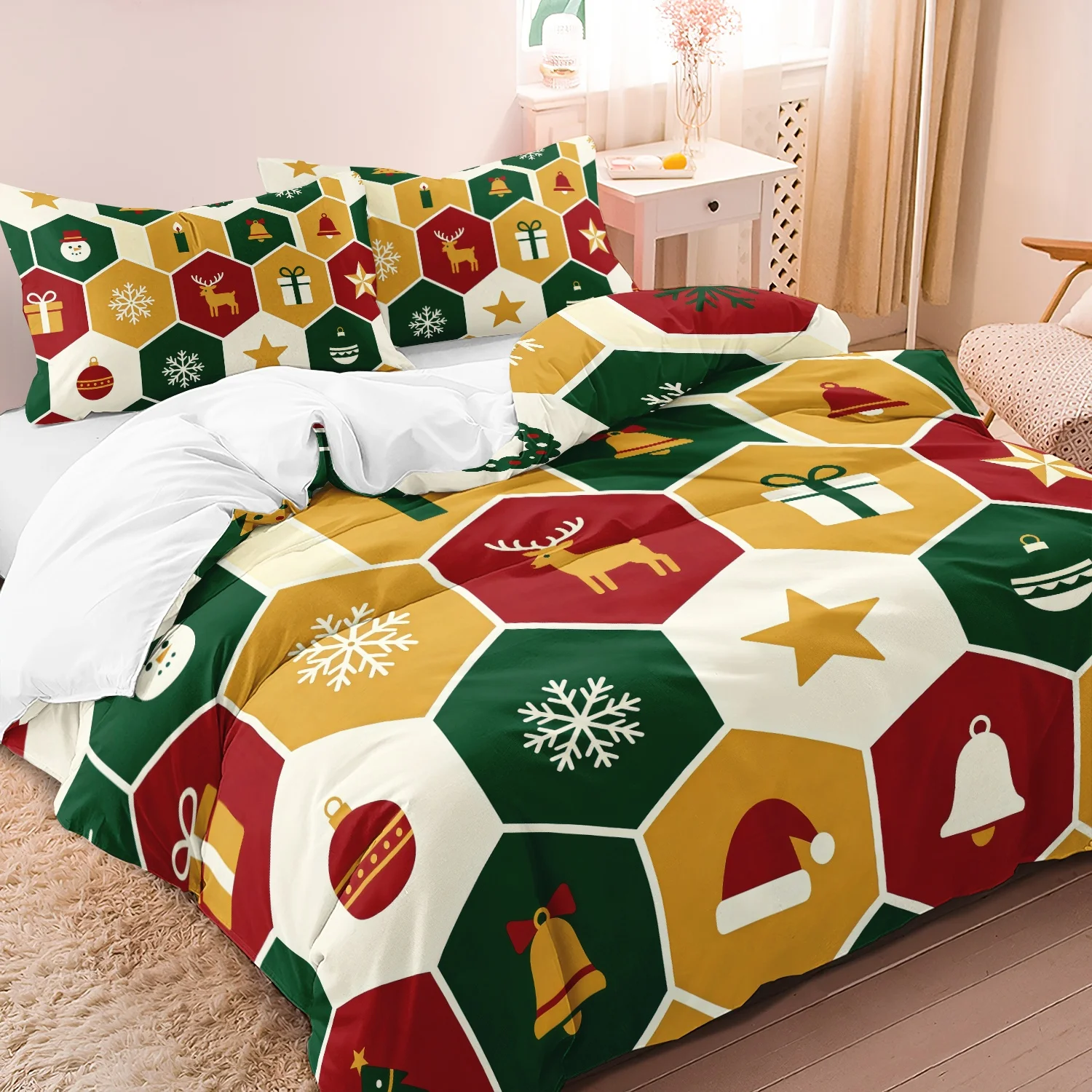  3Pcs Christmas Honeycomb Hexagon Duvet Cover Set, Multi-Color Hexagonal Grid Reindeer Snowflake Santa Hat Pattern Bedding,
