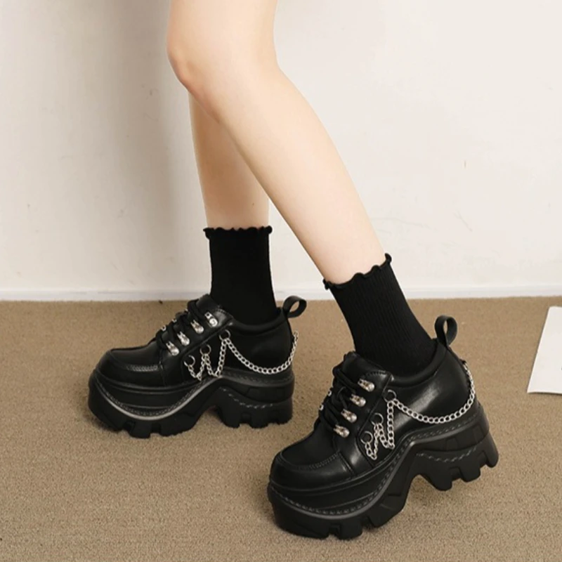 

Women's round toe black thick soled shoes with lace up for increased height simple comfortable versatile casual single shoes