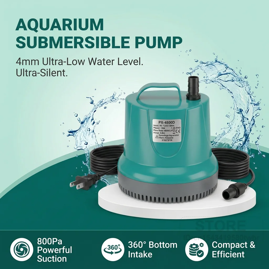 

Submersible Aquarium Pump 800Pa Suction 4800L/H Shallow Water 4mm Ultra Quiet 35dB 360 Degree Bottom Intake