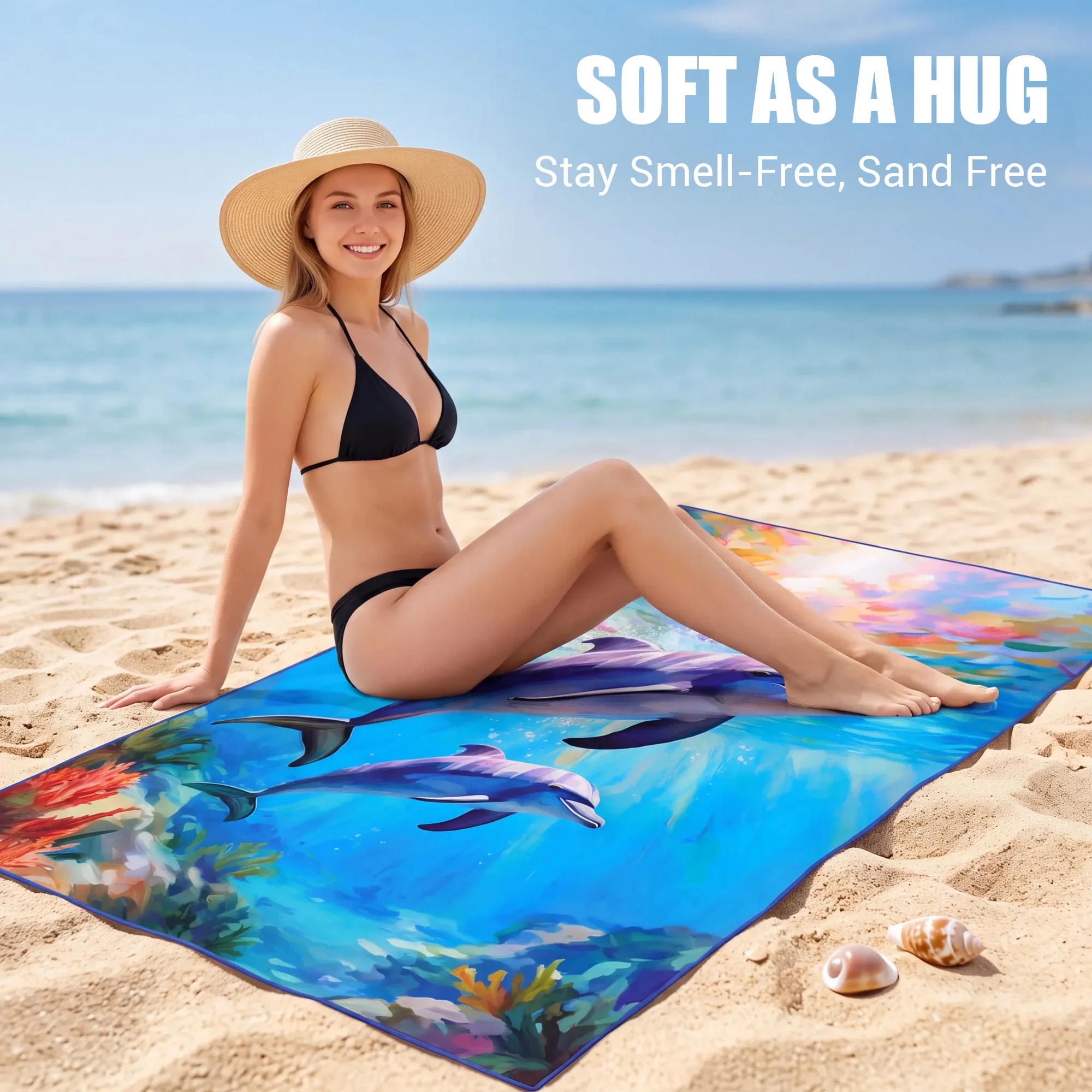 Extra Large Beach Towel, 71×35 Inch Microfiber Beach Towel, Quick Dry Sand Free Dolphin Print Beach Blanket for Swimming Travel