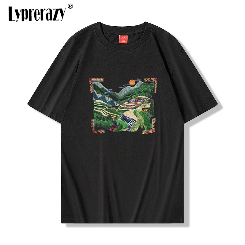 

Lyprerazy, футболка с короткими рукавами в китайском стиле, национальный тренд, летняя повседневная хлопковая футболка с пейзажной вышивкой
