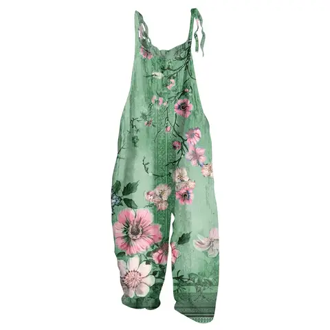 Women Jumpsuits Summer Overalls Boho Vintage Print Square Neck Sleeveless Casual Rompers Pockets Wide-Leg Pants Womans Playsuit