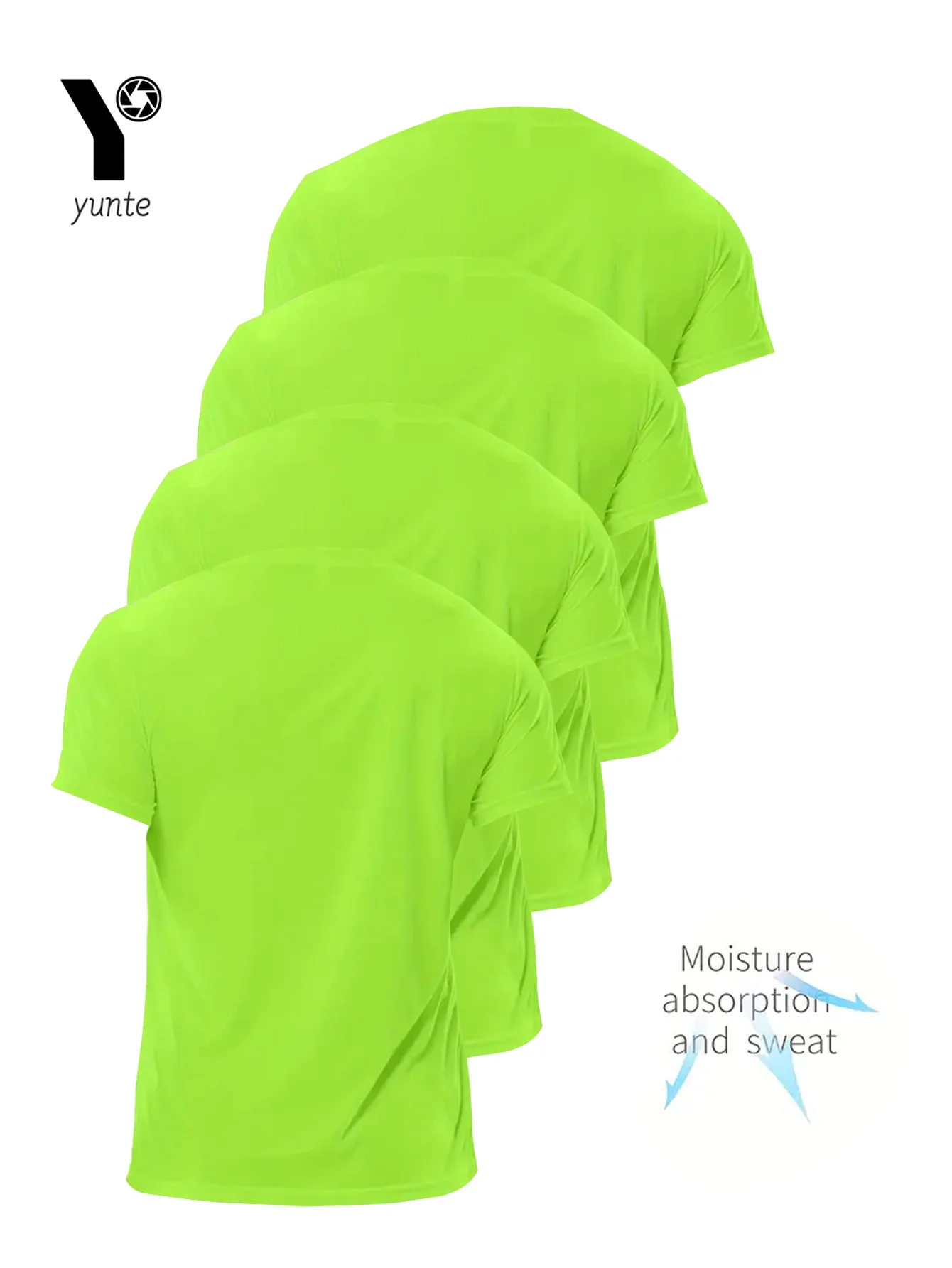 Round Neck T-Shirt 4Pcs Fluorescent Green Ultralight Men Quick Dry Breathable Sweat Shirt for Fitness Gym and Running Light Plai