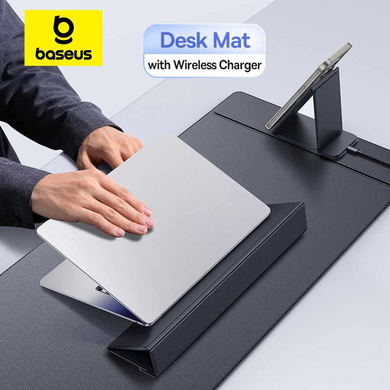  【New Sale】Baseus Smart Desk Mat with Wireless Charger for Gaming Office Wrist Rest Laptop Phone Stand Holder Keyboard Mouse Pad 