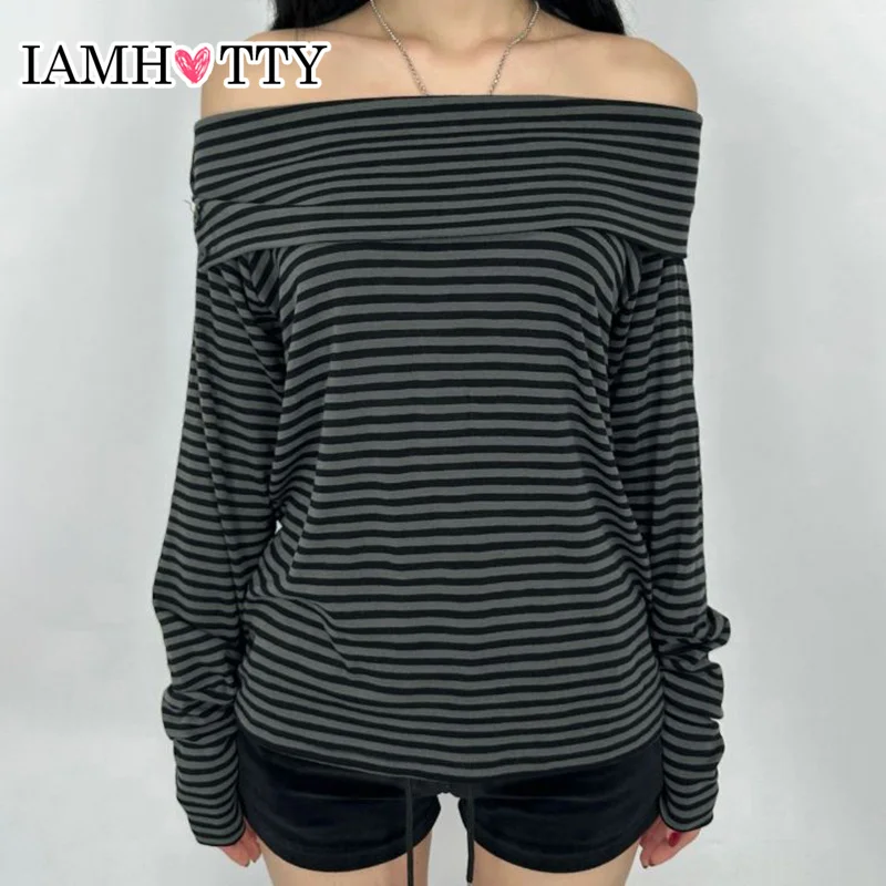 

IAMHOTTY Striped Turn-down Slash Neck Top Women's Autumn Spring Long Sleeve T-shirts Vintage Slim-fit Pullovers Korean Knitwear