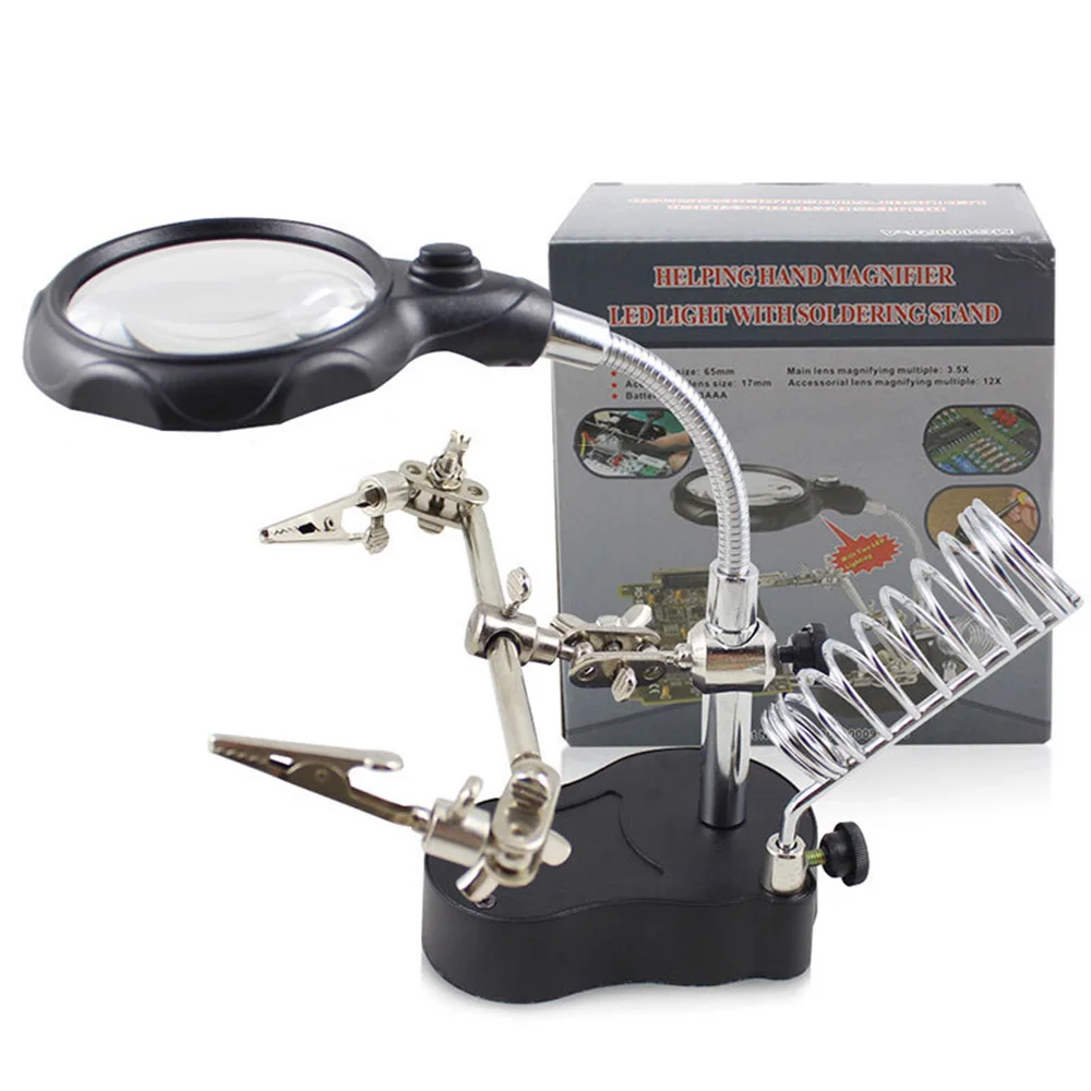 3.5X 12X Helping Hands Third Hand Soldering Iron Welding Stand Station with 2 LED Clip Welding Magnifier Magnifying Glass