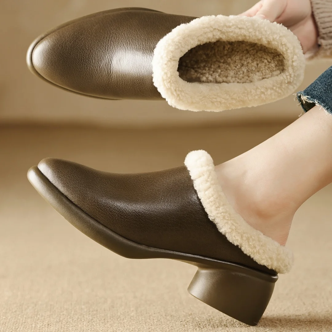 

Женские зимние теплые шлепанцы из овчины с круглым носком и шерстью внутри, повседневные женские повседневные туфли-мюли на круглом среднем каблуке 4 см