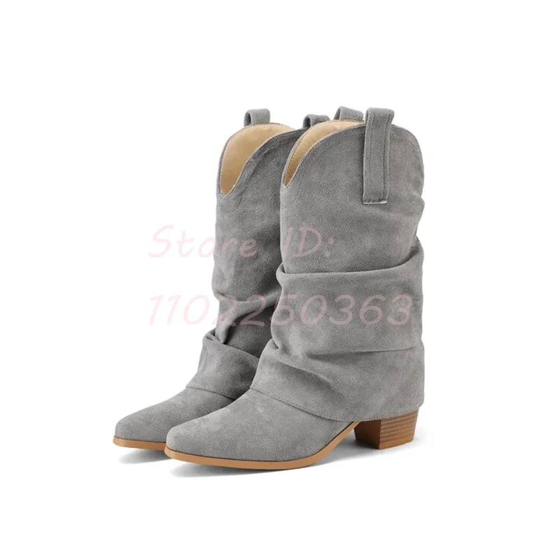 Suede Solid Pleated Mid-calf Boots Pointed Slip-on Loose Straight Med Heels Boots Women Western Knight Shoes 2024 Autumn Winter