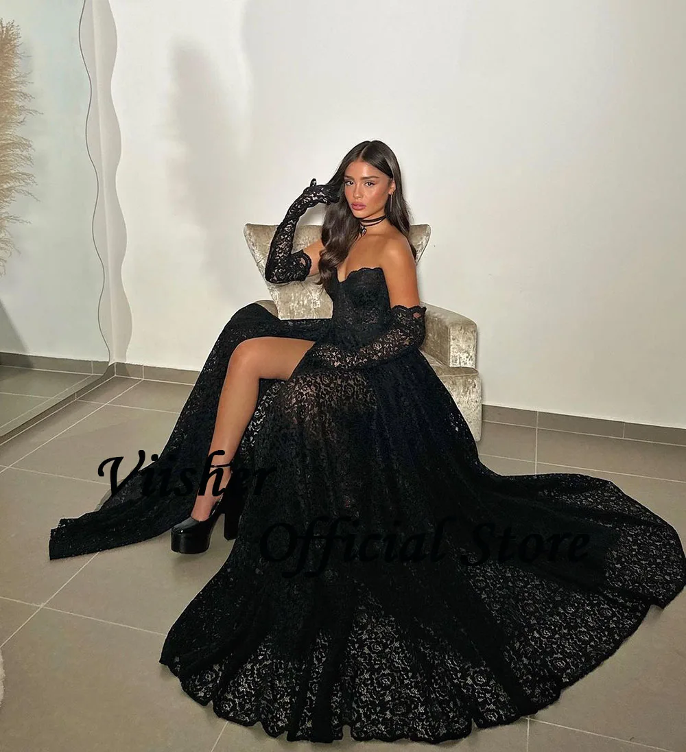 Viisher Black Lace Tulle Prom Dresses Sexy Sweetheart Leg Split A Line Evening Party Dress with Train Long Celebrate Event Gown