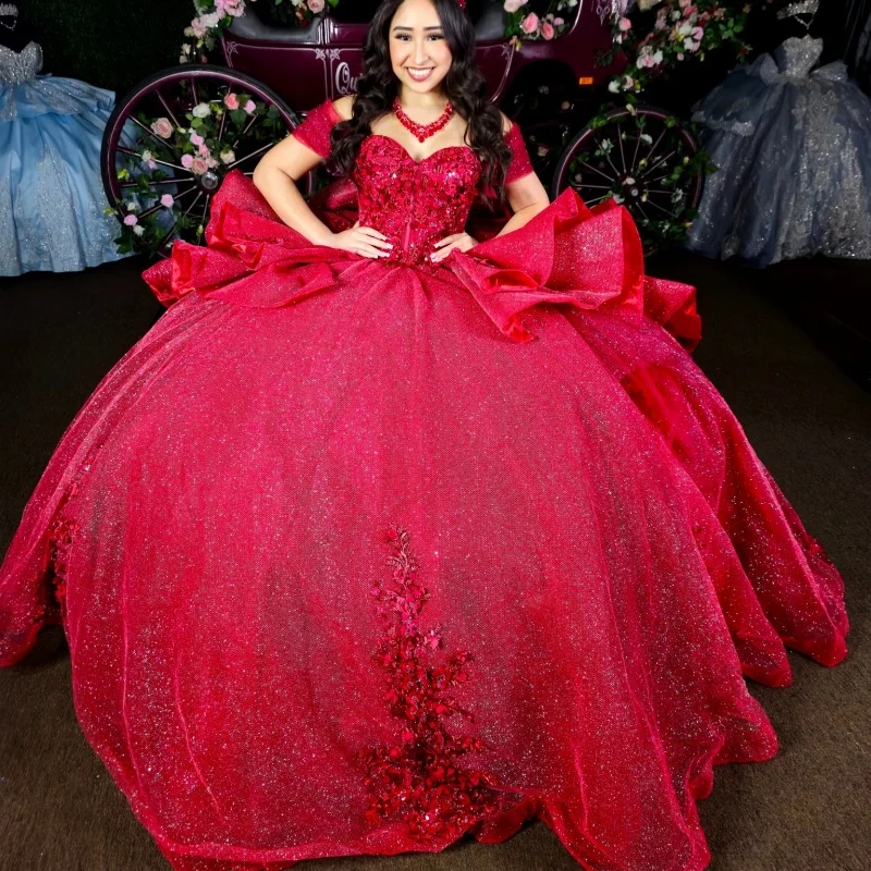 

Shiny Red Quinceanera Dress off-shoulder Glitter Crystal Decal Layering tail Bow vestidos de 15 Quinceanera ﻿Customize