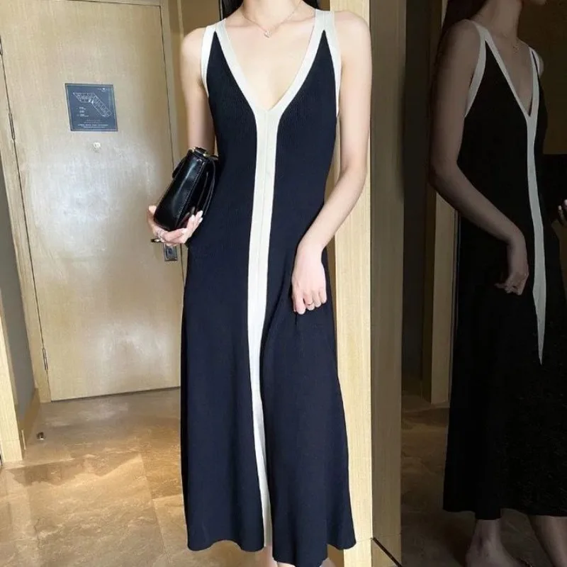 Cami Dress Women Midi Off Shoulder Panelled V-neck Slit Summer New Korean-style Temperament Gentle Casual Simple Office Ladies