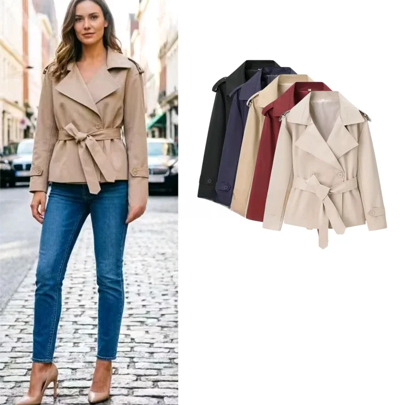 

Spring New Women's Long Sleeve Turn-down Collar Jacket Knot Waist Belt Button Decoration Short Coat Outerwear