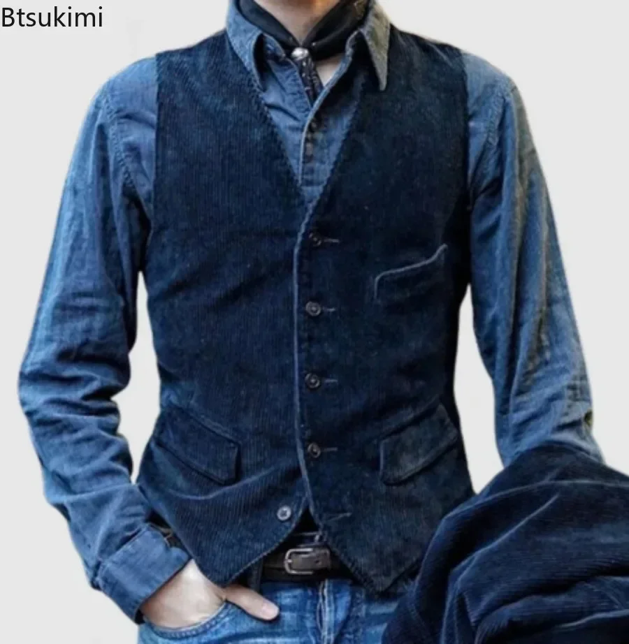 Men's Vintage Vests British Style Corduroy Vest Casual Coats Fashion Single-breasted Sleeveless Jacket for Man Formal Waistcoat