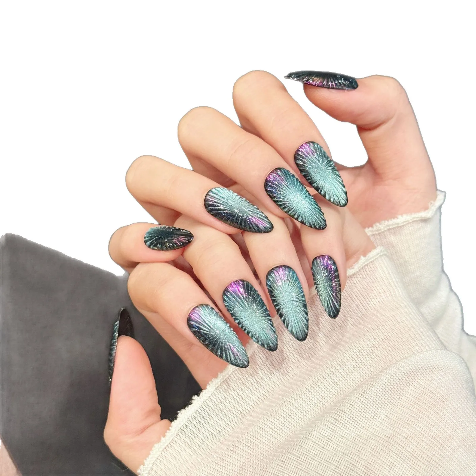 10 pièces en forme d'amande presse sur les ongles à la main oeil de chat Glam ongles de luxe faux ongles ensemble avec 4 pièces outils onglets adhésifs pour ongles
