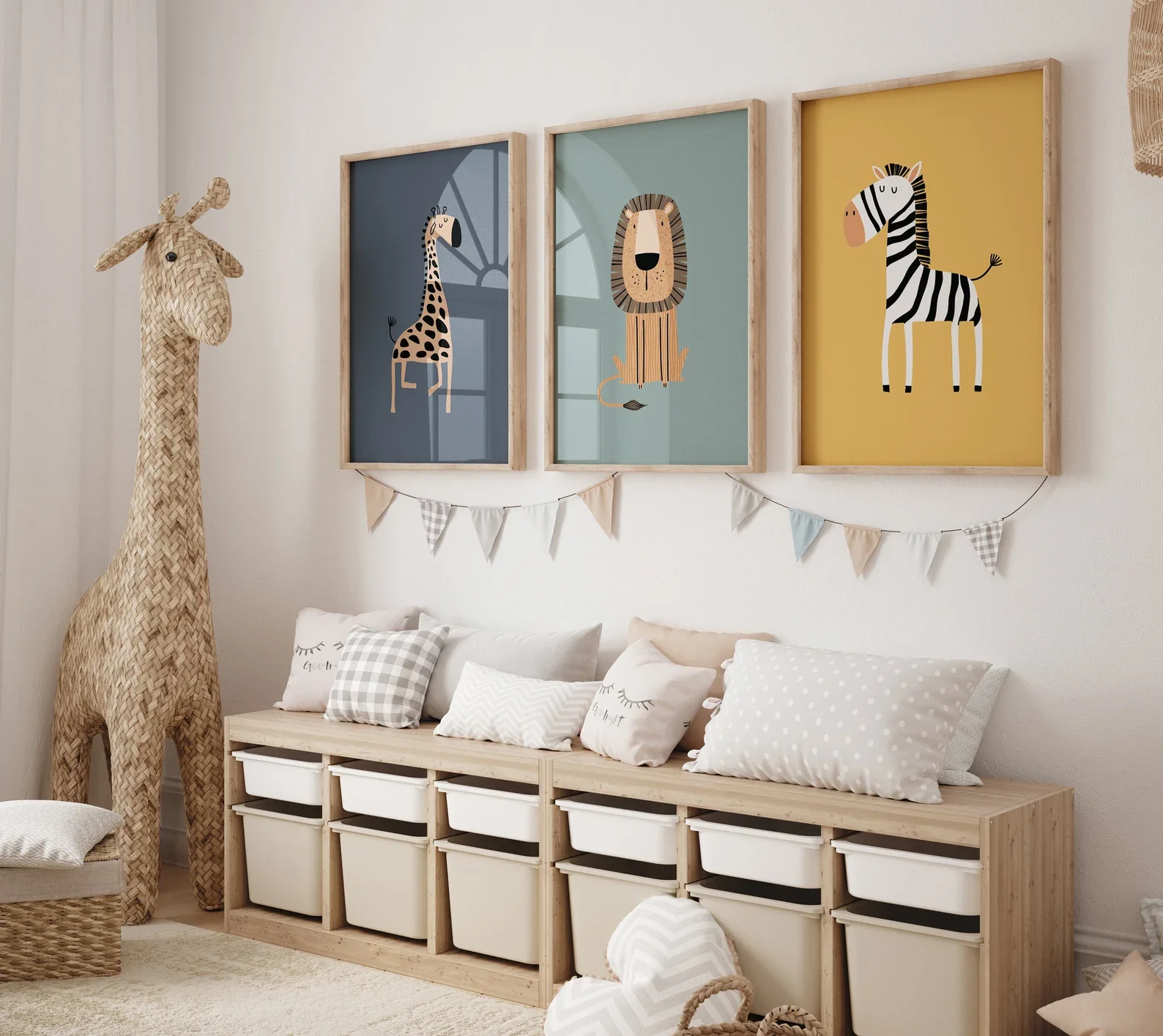 Safari Nursery Wall Art Set of 3, Boho Kids Room Prints, Colorful Jungle Animals Nursery Art, Zebra Lion Elephant Decor, Playroo