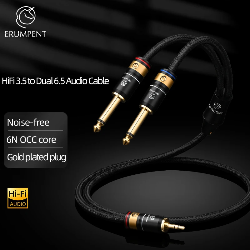 HiFi 6N OCC 3.5mm to Dual 6.5mm Audio Cable for Phone Amplifier Gold Plated Plug 3.5 Stereo to Dual 6.5 TS Audio Signal Cable