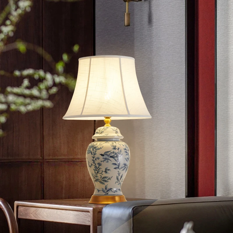 New Chinese table lamp, Chinese style painted blue and white porcelain living room, study