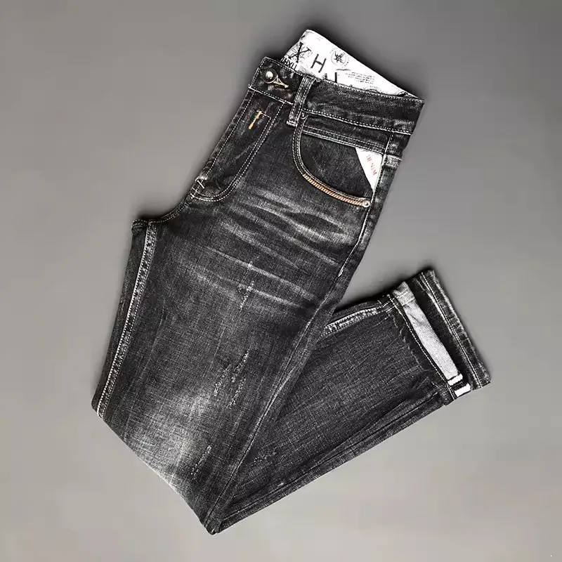 Designer Hombre Men's Jeans High Quality Retro Black/Gray Stretch Slim Fit Ripped Classical Vintage Denim Pants for Men