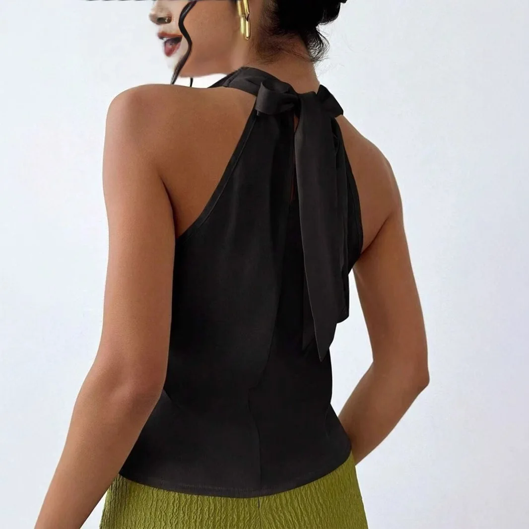 섹시한 민소매 새틴 셔츠 2025 봄 여름 유럽 및 미국 직장 여성 셔츠