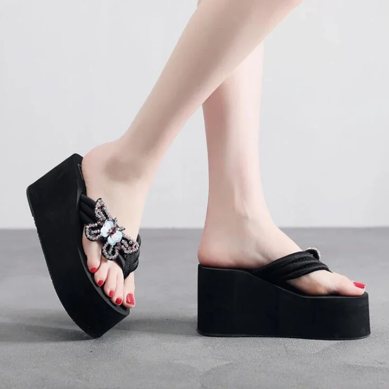 BEYARNE Fashion High Heels Sandals Women Wedge Platform Sandal Summer Bohemia Beading Slippers Flip Flops Fringe Slippers Women