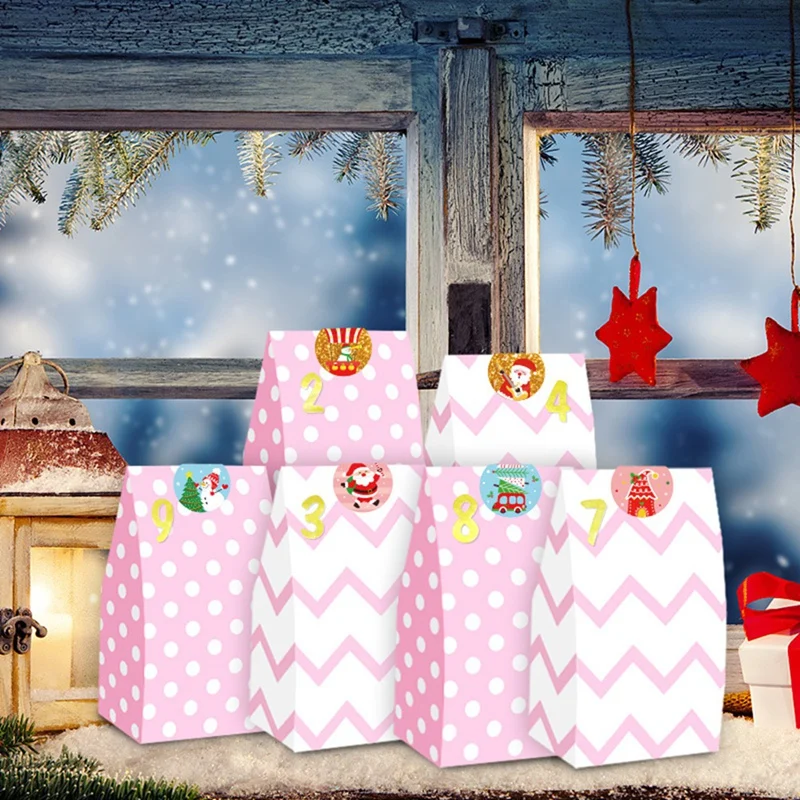 Tas Natal liburan 24 buah tas hadiah Natal tas kertas prasmanan permen untuk liburan Natal