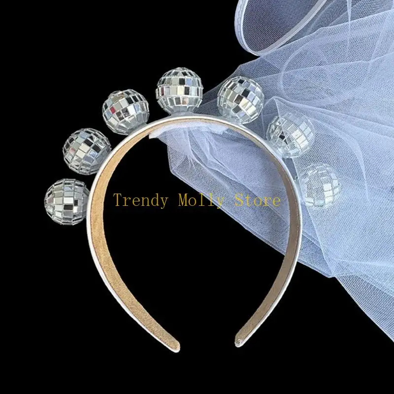 N5KB Disco Ball Headband Bachelorette Party Disco Accessories for Women 70s Disco Costume Earrings Hair Hoop with Veil