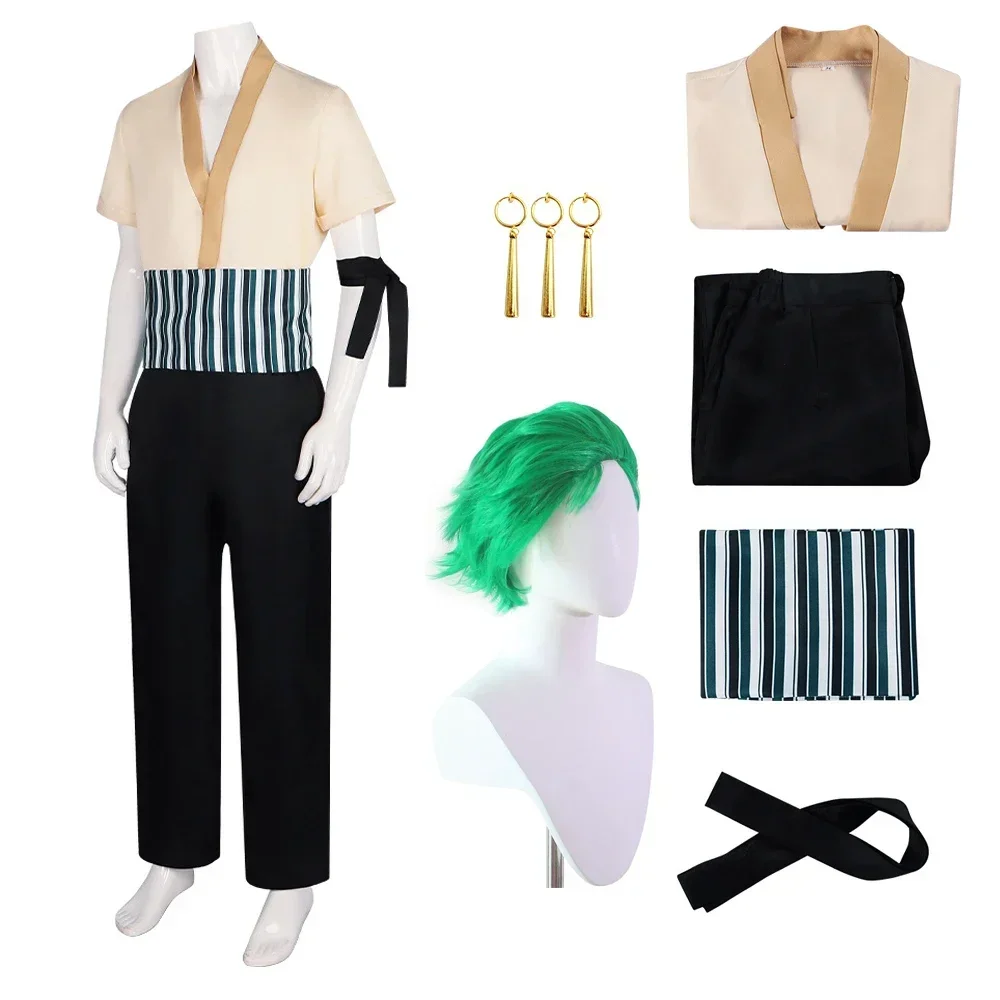 Roronoa Zoro Cosplay Costume Real Person Japanese Anime Samurai Boys Uniform Top Pants Outfit Clothing Halloween Party Men