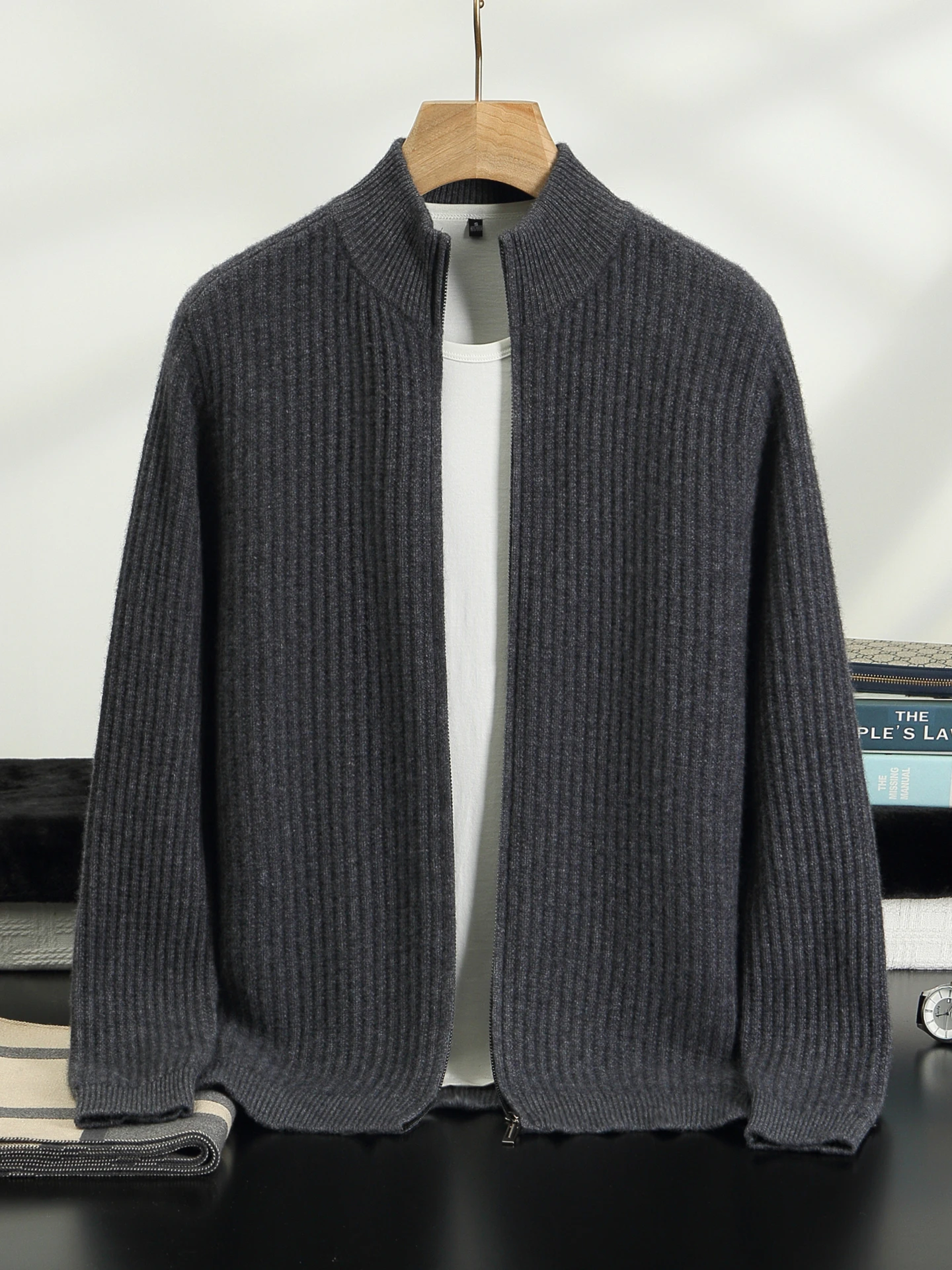 Autumn Winter Men's 100% Cashmere Sweater Vertical Rib Texture Mock-Neck Cardigan Long‑Sleeve Knit Warm Solid Minimalist Clothes