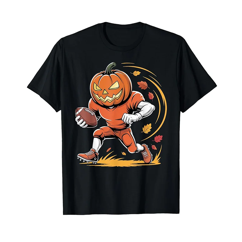

Men's Black Crew Neck T-Shirt Pumpkin Football Halloween Autumn T-Shirt WHX 180g