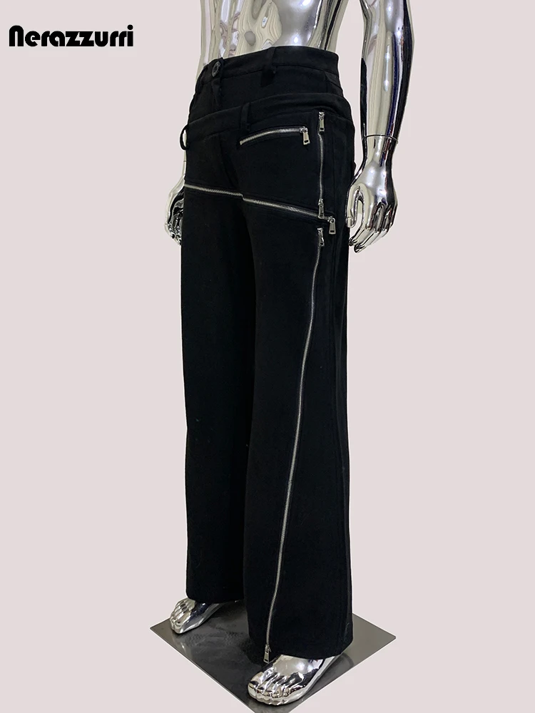 Mauroicardi Autumn Flowy Soft Matte Black Faux Suede Leather Pants for Men with Many Zippers Runway Fashion European Emo Clothes