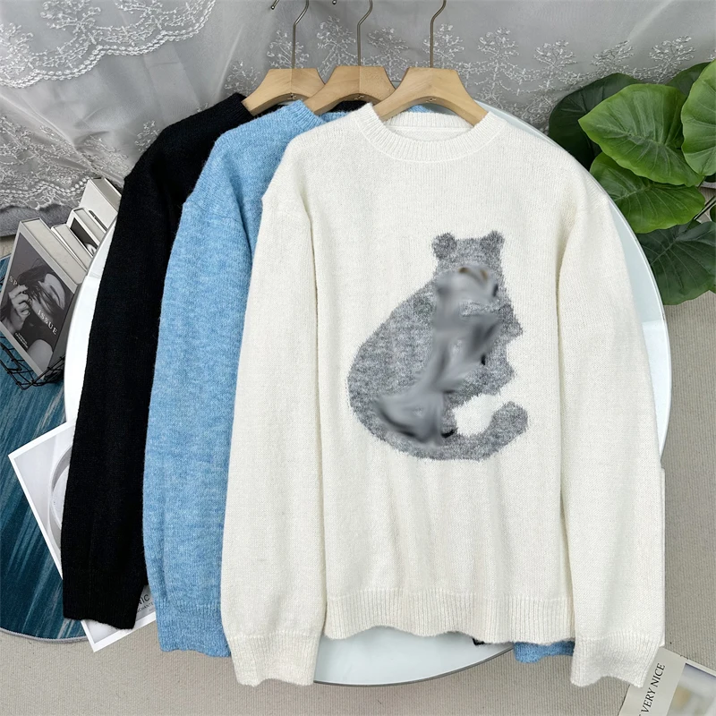 

Вязаный свитер-пуловер Cure-Meow с длинными рукавами и круглым вырезом, повседневный свободный крой, женский осенний топ, модная вязаная одежда