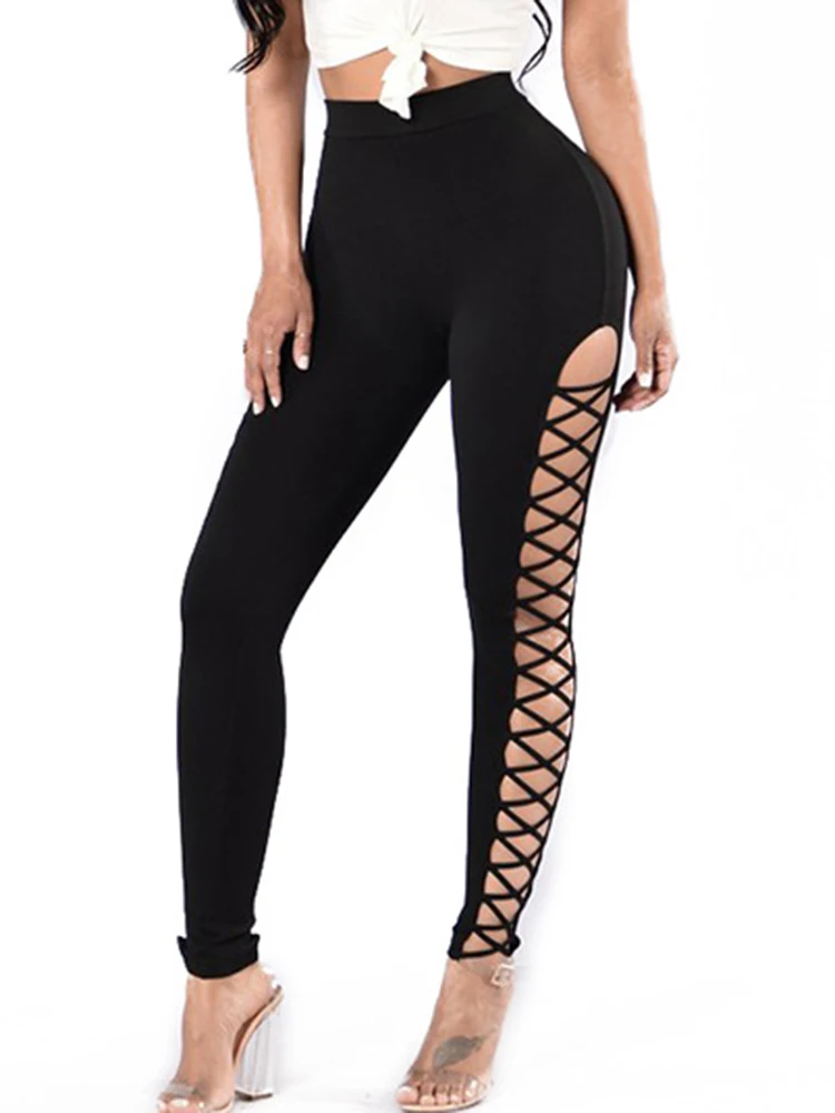 Side Bandage Sexy Leggings Women Cross Hollow Out Yoga Pants High Waist Streetwear Leggins Club Black Jeggings Elastic Mujer