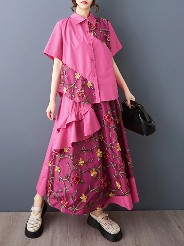 Faionable besticktes Me-Patchwork-Set mit Sve-Kragen, lockerer Taille und Rock, Sommer-Outfit für Damen, 25–35 Jahre...