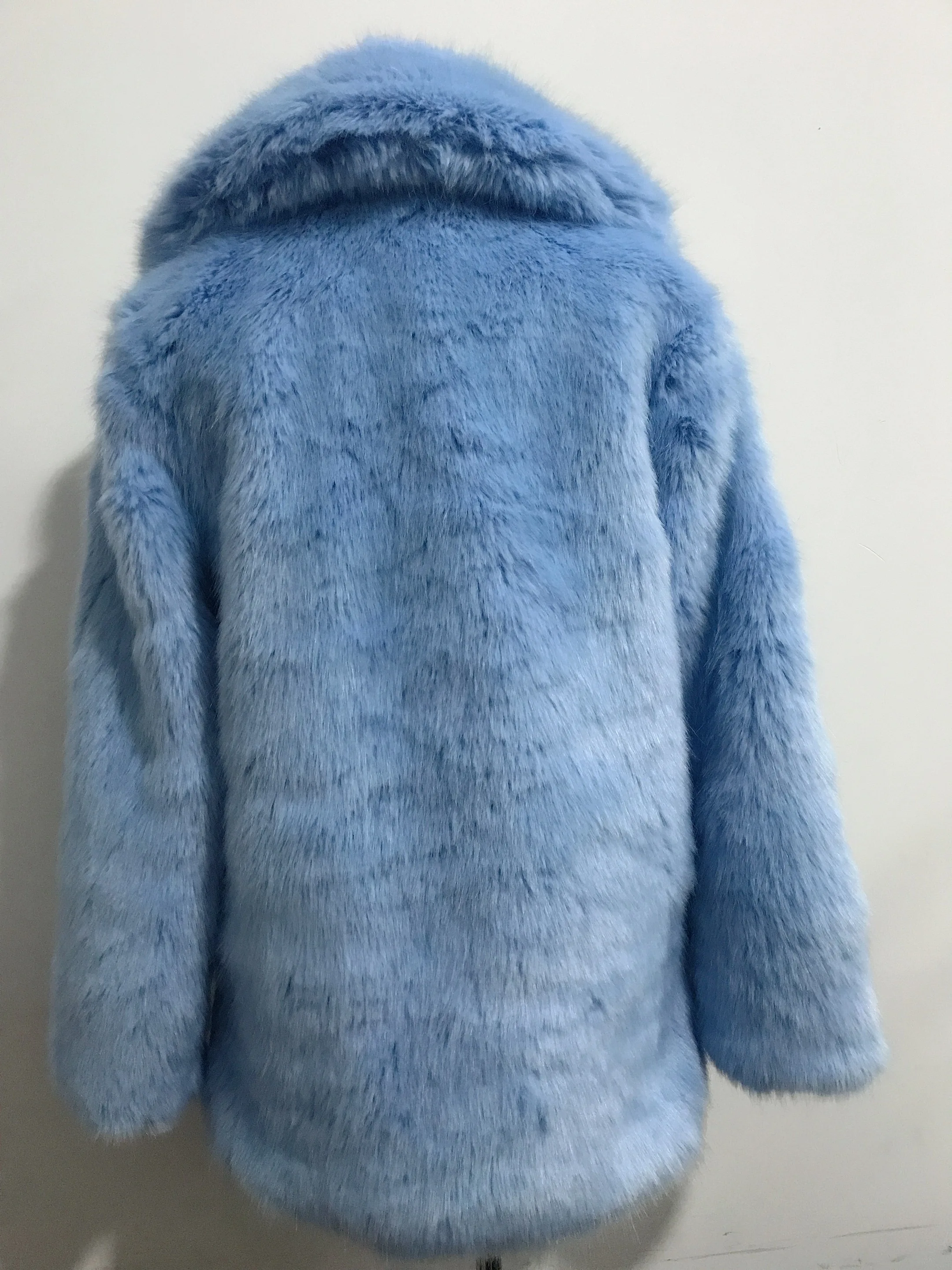 HIGH QUALITY Winter Lapel Hairy Shaggy Faux Fur Jacket Aqua blue Vintage Long sleeve Furry Faux Fur Coat Mid Long Outerwear