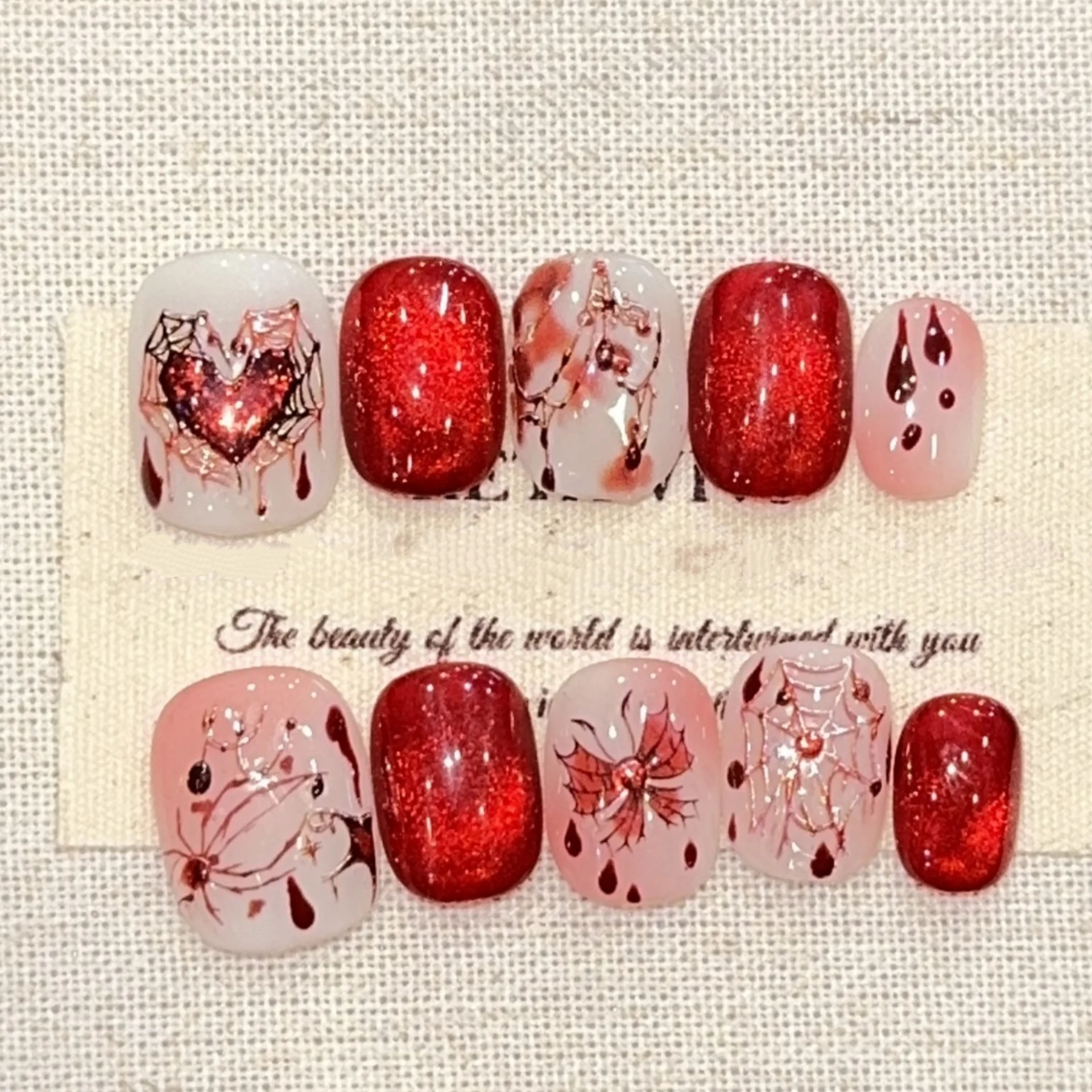 10 pçs acabado artesanal unhas falsas dicas gradiente azul olho de gato curto redondo falso arte do prego wearable pó brilhante imprensa em unhas