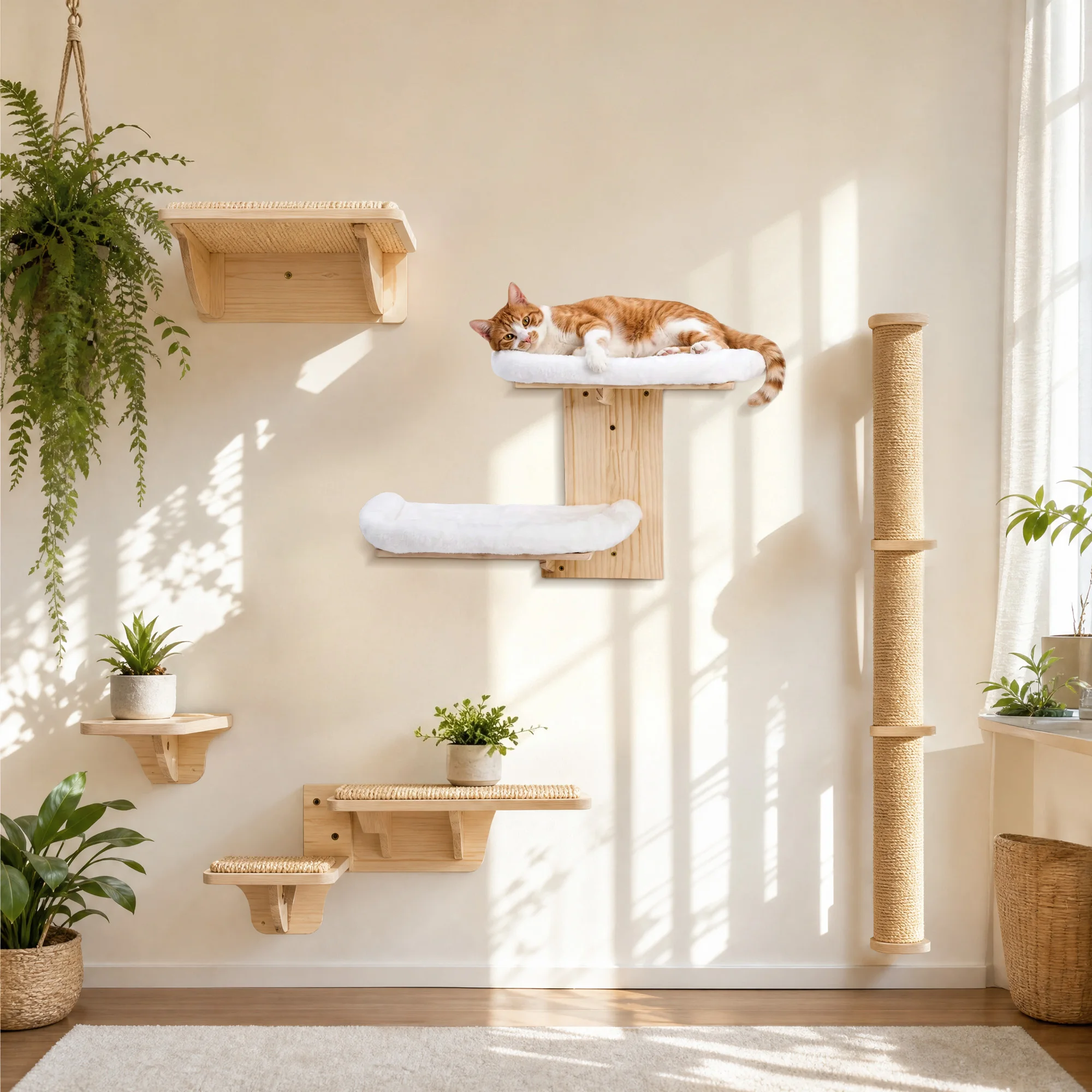 Solid Wood Wall Mounted Cat Bed with Cushion