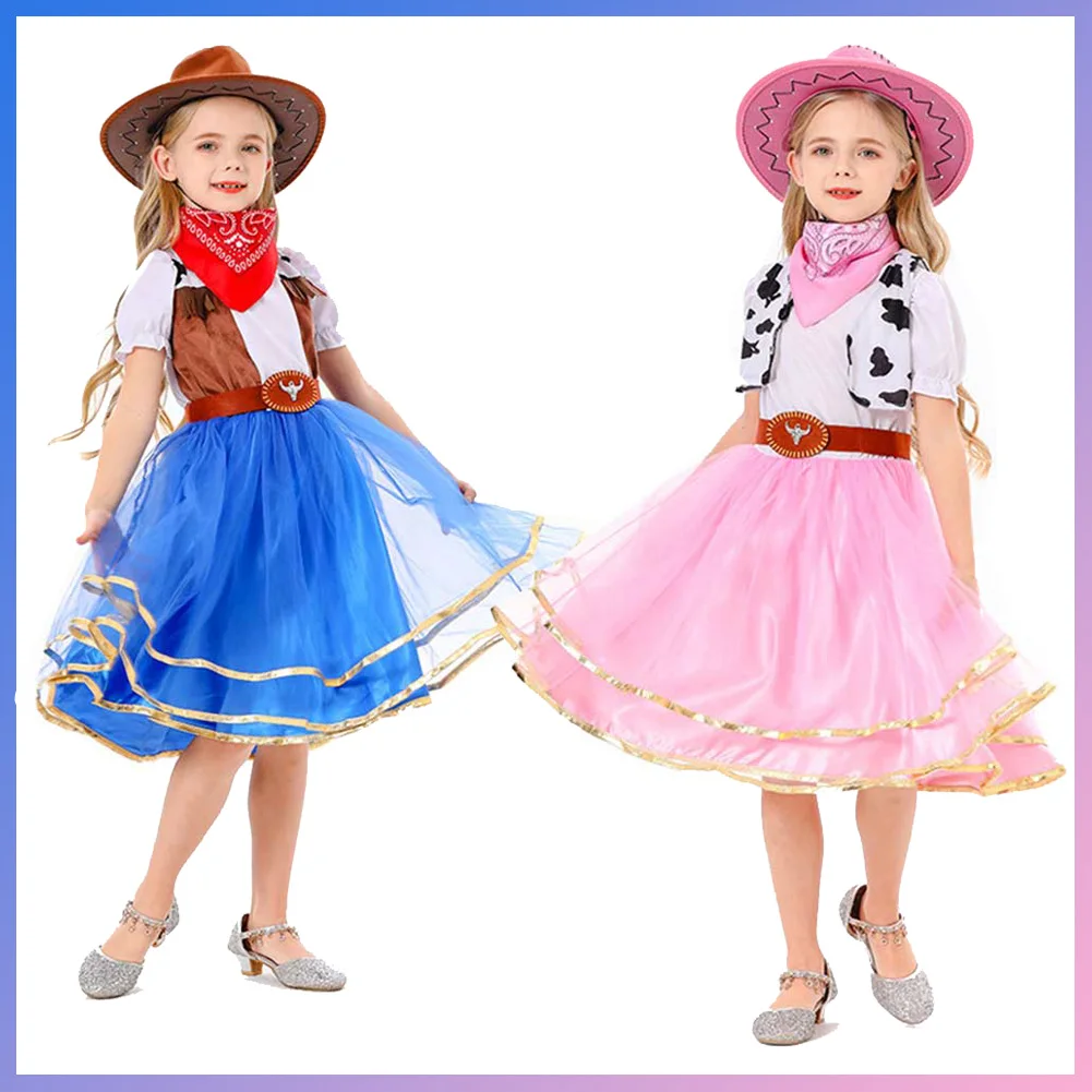 Disguise Cowboy Cosplay Child Girls Tutu Dress Hat Belt Clothing Cartoon Stage Fantasia Costume Kids Roleplay Outfits Role Play