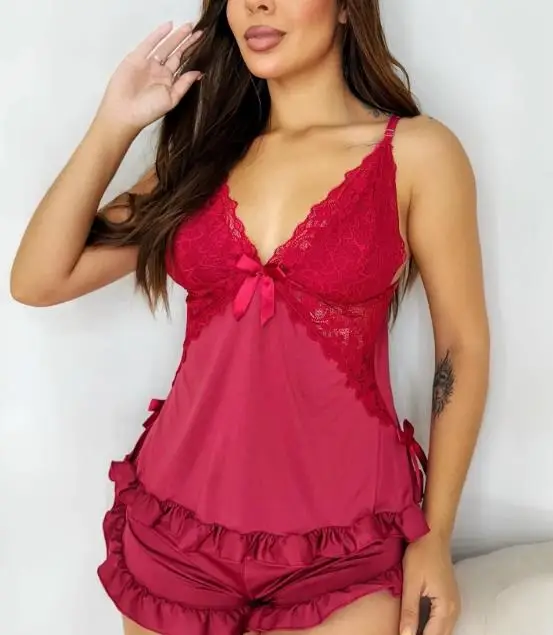 

Bow decoration lace splicing deep V-neck adjustable thin shoulder strap vest and elastic waist shorts set sexy pajamas set