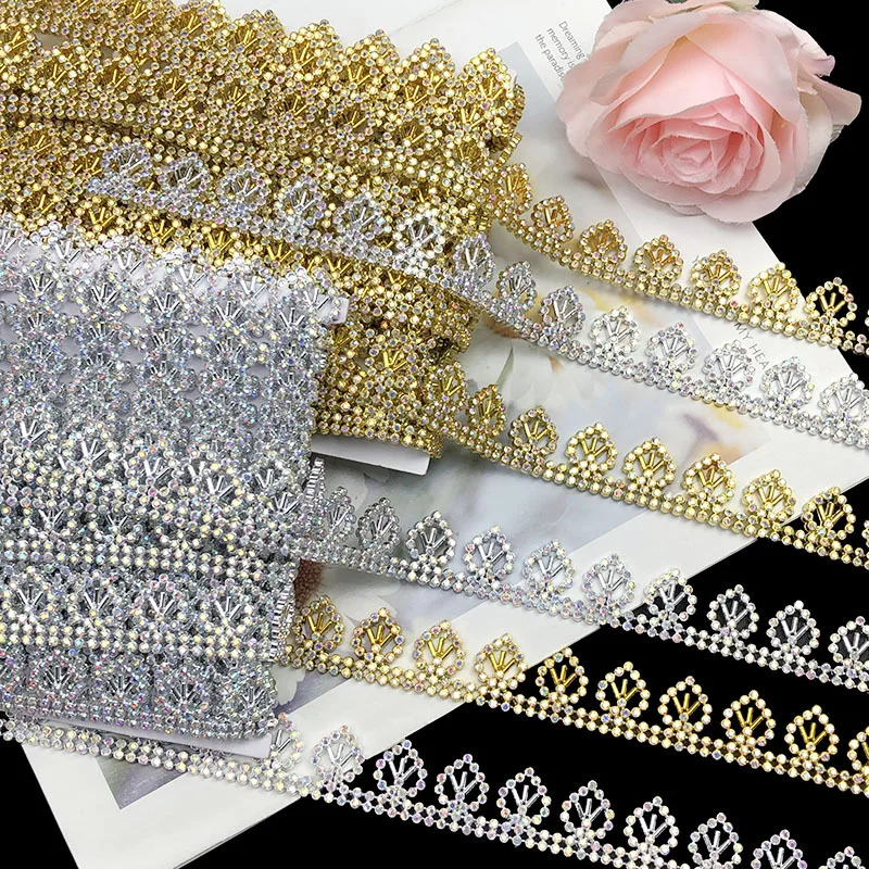 8 Yards 2.4cm Wide Crown Shape AB Crystal Rhinestone Trim Gold Strass Chain Sew On for Wedding Dress Stage Costume DIY Craft