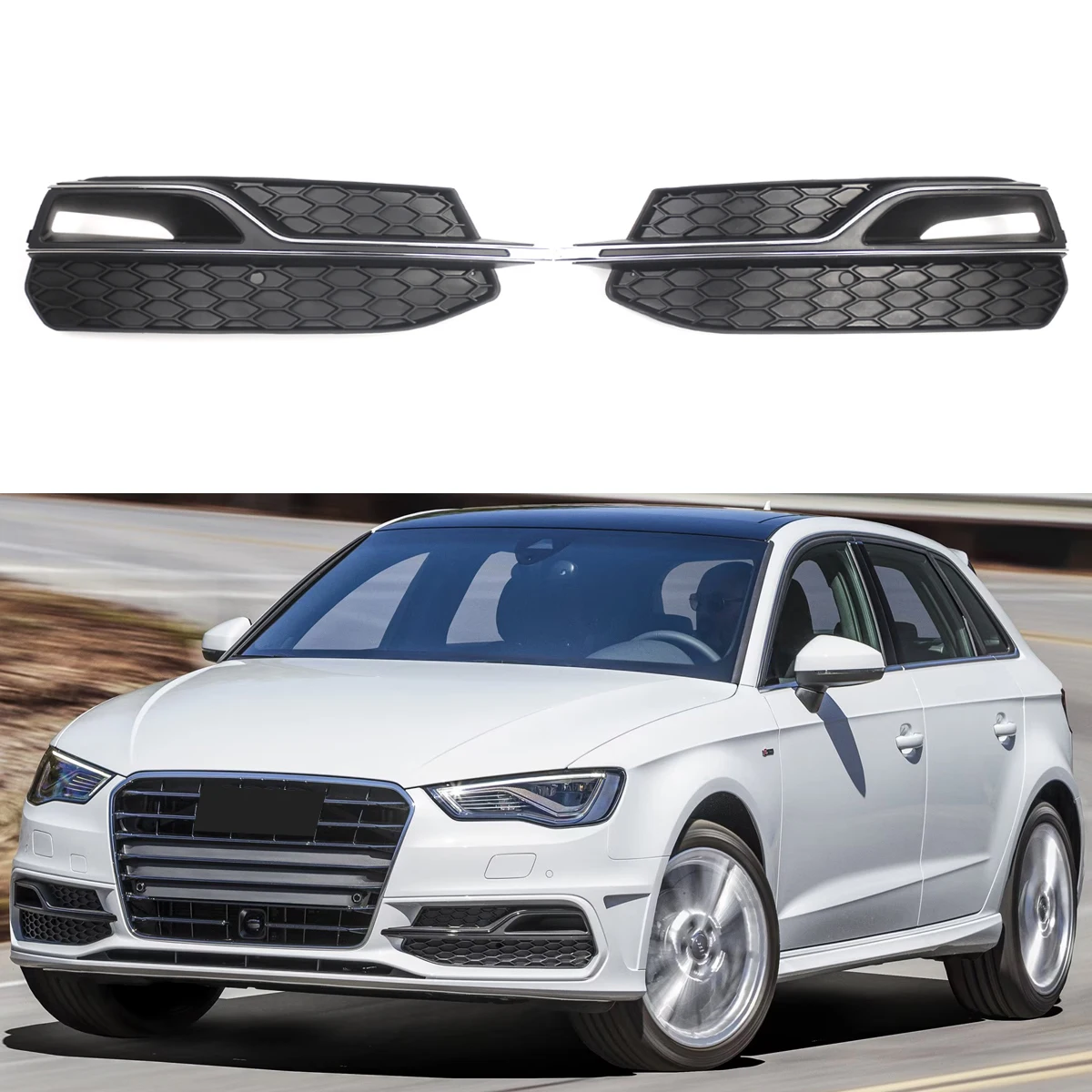 

Передний бампер автомобиля, противотуманная фара, гриль, сотовая крышка с хромированной решеткой для AUDI A3 S-Line S3 2014-2016 8V3807681L 8V3807682L