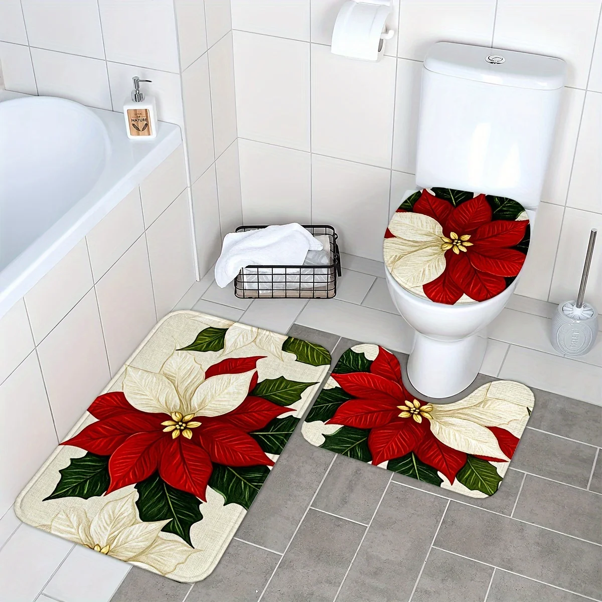 

Floral bathroom mat set of 3 for kitchen, bathroom, bedroom, set includes bath mat, contour mat and toilet seat cover