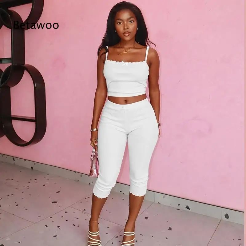 Women Y2K Two Piece Outfit Ribbed Knit Ruffle Trim Tiny Bow Strap Crop Camisole High Waist Slim Capri Pants Casual Streetwear