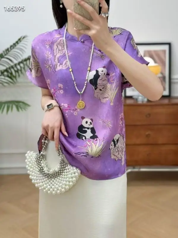 High Quality Summer New Small Stand Collar Short Sleeved Rayon Fabric Panda Print Single Button Fashionable Women's Shirt S-XL